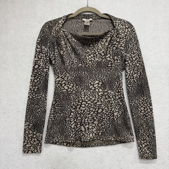 Cache Top Womens XS Brown Black Animal Print Long Sleeve Stretch Cowl Neck Shirt - Picture 1 of 7